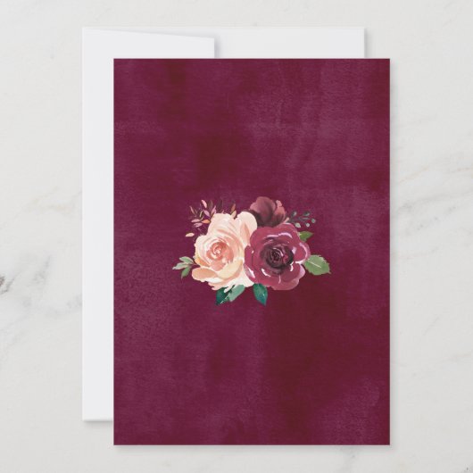 ほこりっぽいピンクブルゴーニュバラライツボタニカル結婚ズ 招待状 (裏面)