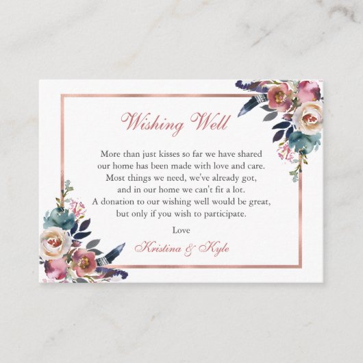 ほこりっぽいピンクブルー結婚フローラの願い事 エンクロージャーカード (正面)