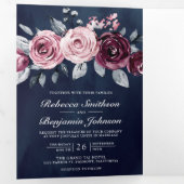 ほこりっぽいピンクプラムパープルフローラQRコードネイビー結婚ズ 三つ折り招待状 (内部最初)