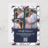 ほこりっぽいピンクプラムパープルフローラQRコードネイビー結婚ズ 招待状 (裏面)