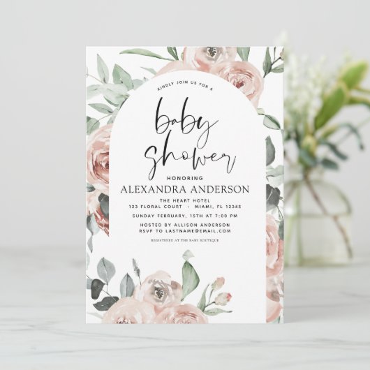 ほこりっぽいピンクベビーシャワーフローラ招待状 招待状 (スタンド正面)