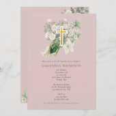 ほこりっぽいピンクホワイトフローラ宗教十字洗礼 招待状 (正面/裏面)