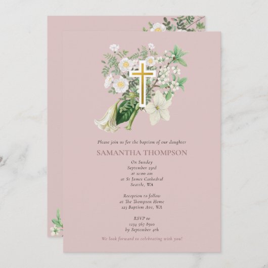 ほこりっぽいピンクホワイトフローラ宗教十字洗礼 招待状 (正面/裏面)