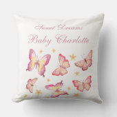 ほこりっぽいピンクホワイトベビーガールネームバタフライ子供部屋 クッション (正面)