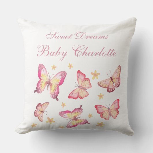 ほこりっぽいピンクホワイトベビーガールネームバタフライ子供部屋 クッション (正面)