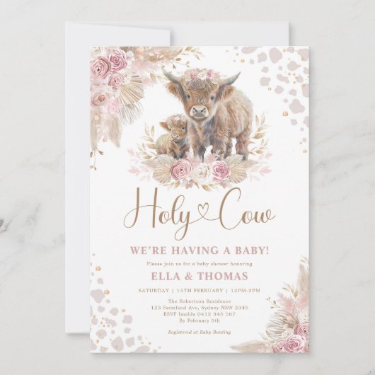 ほこりっぽいピンクホーリーカウボーホパンパスガールベビーシャワー 招待状 (正面)
