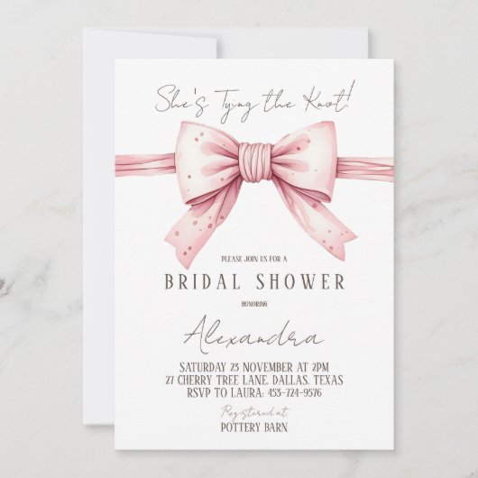 ほこりっぽいピンクボウシェズタイイングザノットブライダルシャワー 招待状 (正面)