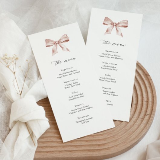 ほこりっぽいピンクボウ付きベビーシャワーメニューカード メニュー