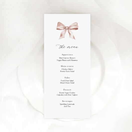 ほこりっぽいピンクボウ付きベビーシャワーメニューカード メニュー