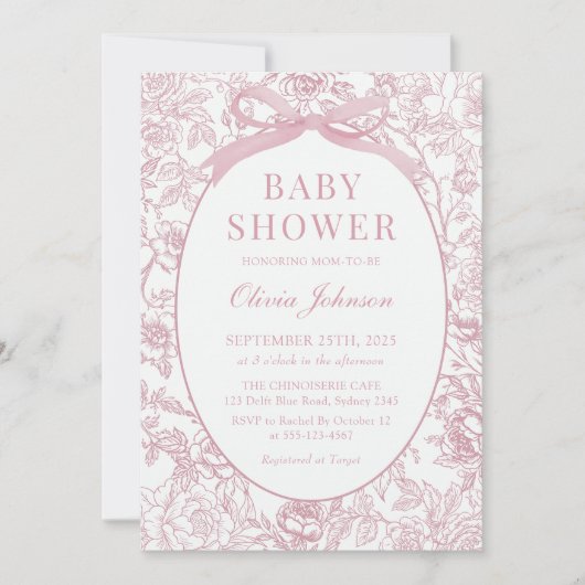 ほこりっぽいピンクボウ陳腐なフローラ赤ちゃんシャワー 招待状 (正面)
