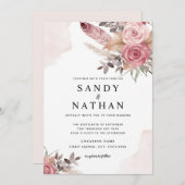 ほこりっぽいピンクボホフラワーズ結婚式招待状 招待状 (正面/裏面)