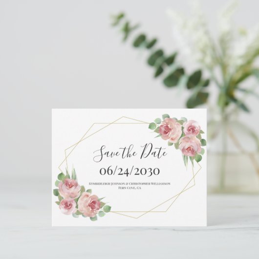 ほこりっぽいピンクボホフローラ幾何学日付を保存 ポストカード (スタンド正面)