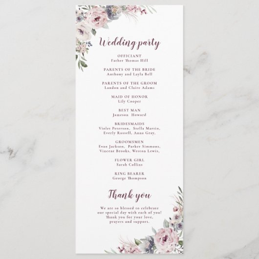 ほこりっぽいピンクボホフローラ素朴な結婚式プログラム メニュー (裏面)