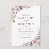 ほこりっぽいピンクボホフローラ結婚素朴 招待状 (正面/裏面)