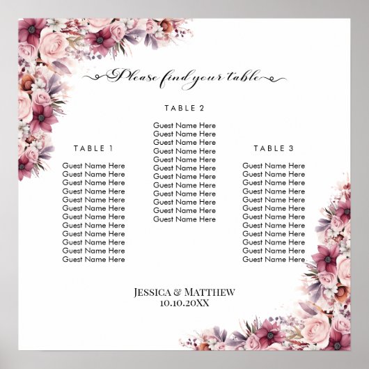 ほこりっぽいピンクボホフローラ結婚3テーブルの座席 ポスター (正面)