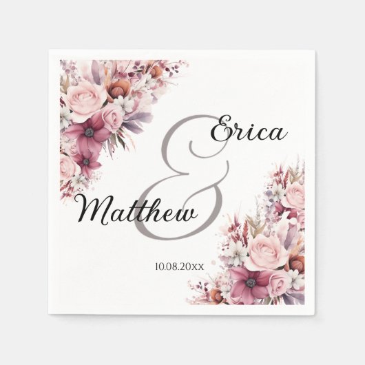 ほこりっぽいピンクボホモダンフローラ結婚スクリプト スタンダードカクテルナプキン (正面)
