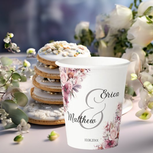 ほこりっぽいピンクボホモダンフローラ結婚スクリプト 紙コップ