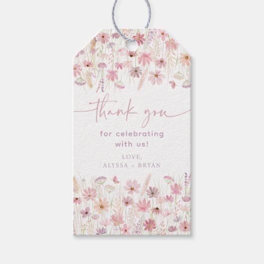 ほこりっぽいピンクボホワイルドフラワーベビーシャワー ギフトタグ (正面)