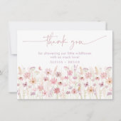 ほこりっぽいピンクボホワイルドフラワーベビーシャワー サンキューカード (正面)