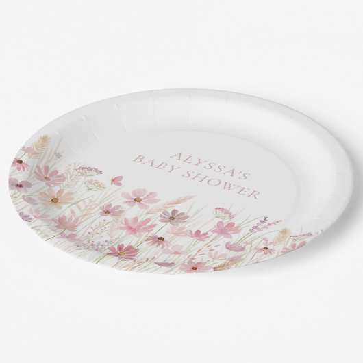 ほこりっぽいピンクボホワイルドフラワーベビーシャワー ペーパープレート (アングル)