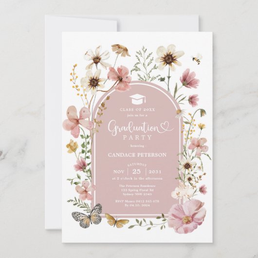 ほこりっぽいピンクボホワイルドフラワー卒業パーティー 招待状 (正面)
