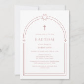 ほこりっぽいピンクミニマリストBoho Arch Cross Baptism 招待状 (正面)