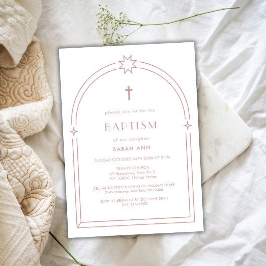 ほこりっぽいピンクミニマリストBoho Arch Cross Baptism 招待状