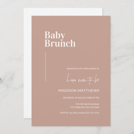 ほこりっぽいピンクミニマルベビーブランチ赤ちゃんシャワー 招待状 (正面/裏面)