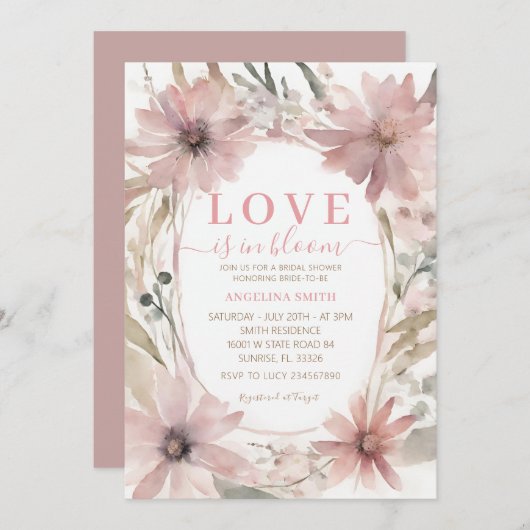 ほこりっぽいピンクラブが開花ブライダルシャワー 招待状 (正面/裏面)