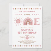 ほこりっぽいピンクレインボー&サンシャインガール1st誕生日 招待状 (正面)