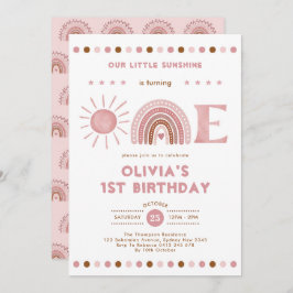 ほこりっぽいピンクレインボー&サンシャインガール1st誕生日 招待状