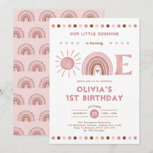 ほこりっぽいピンクレインボー&サンシャインガール1st誕生日 招待状