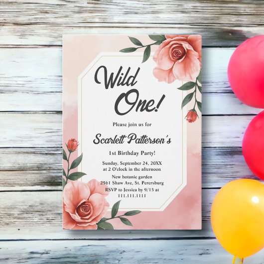 ほこりっぽいピンクロマンチックフローラワイルドワンの誕生日 招待状