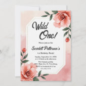 ほこりっぽいピンクロマンチックフローラワイルドワンの誕生日 招待状 (正面)