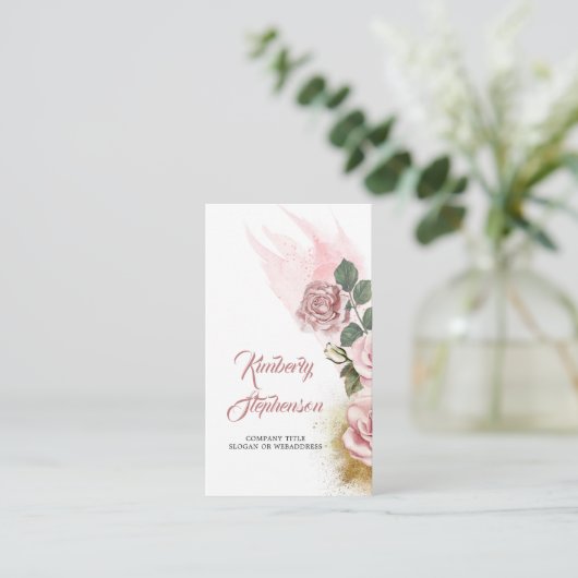ほこりっぽいピンクローズと金ゴールドグリッターヴィンテージ エレガント 名刺 (スタンド正面)