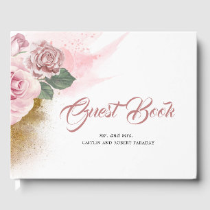 ほこりっぽいピンクローズと金ゴールド結婚グリッター ゲストブック