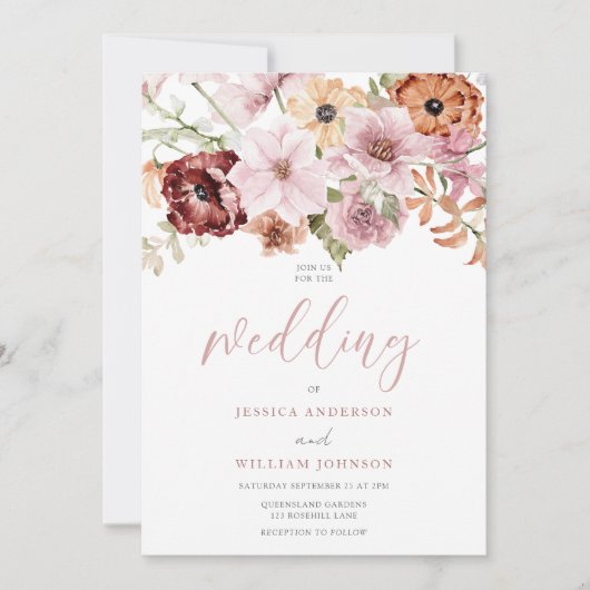 ほこりっぽいピンクローズウォーター花模様結婚ズ 招待状 (正面)