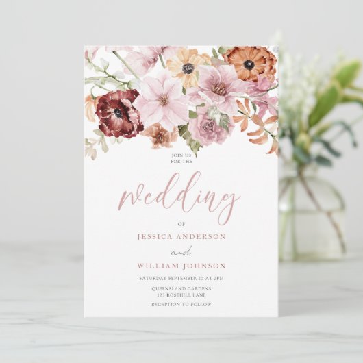 ほこりっぽいピンクローズウォーター花模様結婚ズ 招待状 (スタンド正面)