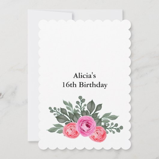 ほこりっぽいピンクローズグリーナリーフローラ金ゴールドスイーツ16 招待状 (裏面)