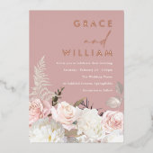 ほこりっぽいピンクローズゴールドモダンフォイル結婚フローラ 箔招待状 (正面)