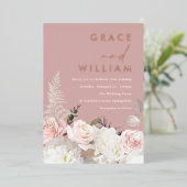 ほこりっぽいピンクローズゴールドモダンフォイル結婚フローラ 箔招待状 (立ち正面)