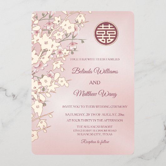 ほこりっぽいピンクローズゴールド中国のフォイル結婚ズ 箔招待状 (正面)