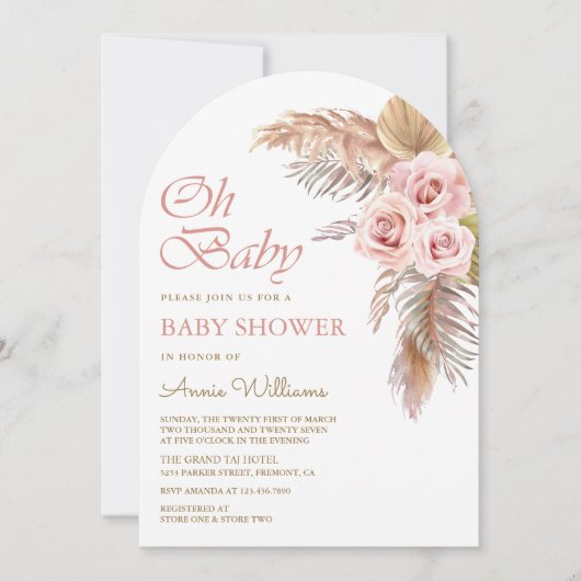 ほこりっぽいピンクローズパンパスグラスアーチベイビーシャワー 招待状 (正面)