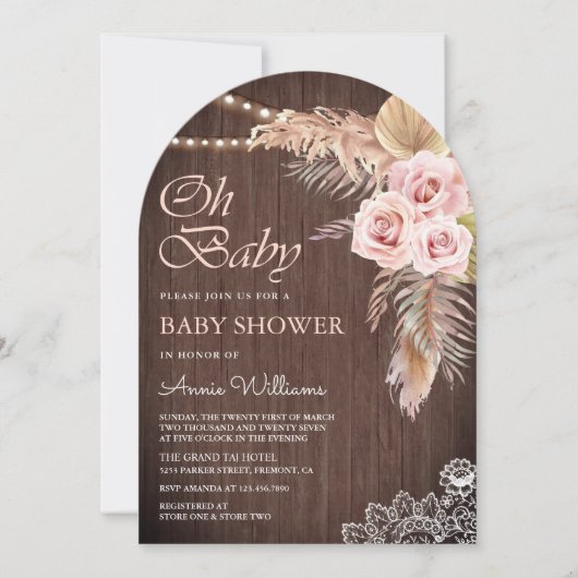ほこりっぽいピンクローズパンパスグラスウッドアーチベイビーシャワー 招待状 (正面)