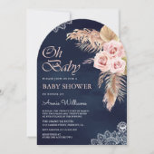 ほこりっぽいピンクローズパンパスグラスネイビーアーチベイビーシャワー 招待状 (正面)