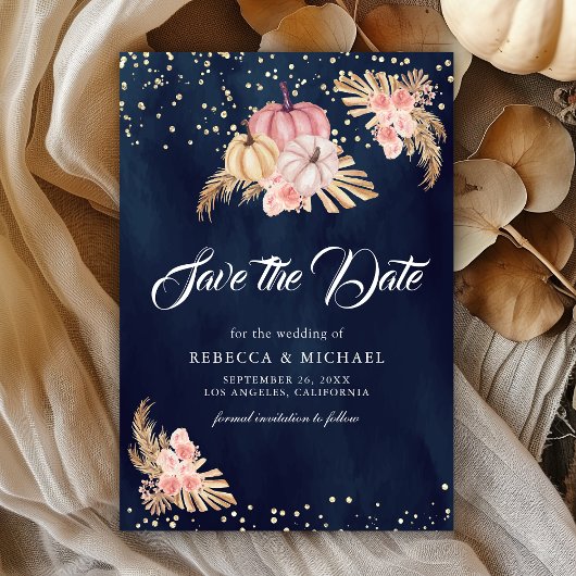 ほこりっぽいピンクローズパンプキンパンパスネイビー結婚ズ セーブザデート