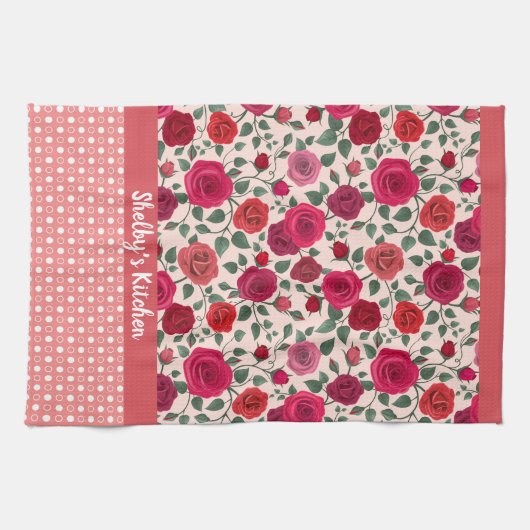 ほこりっぽいピンクローズパーソナライズされた キッチンタオル (横)