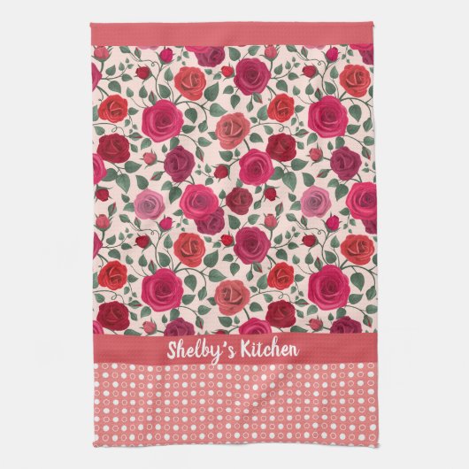 ほこりっぽいピンクローズパーソナライズされた キッチンタオル (縦)
