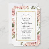ほこりっぽいピンクローズフローラエレガント洗礼 招待状 (正面)