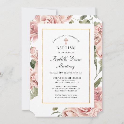 ほこりっぽいピンクローズフローラエレガント洗礼 招待状 (正面)